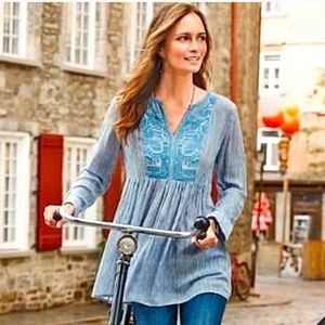 Sundance Boho Blue and White Striped Embroidered Gauzy Tunic Top